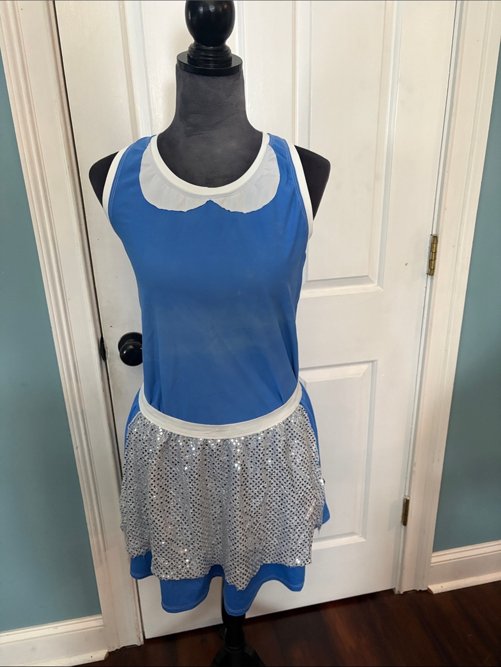 Blue and White Two Piece Belle Run Outfit with Silver Sequin Skirt